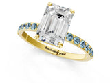 Yellow gold Emerald Cut Diamond Solitaire Ring with Round with Aquamarine side stone Pavé Band and Prong Setting_25