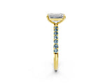Yellow gold Emerald Cut Diamond Solitaire Ring with Round with Aquamarine side stone Pavé Band and Prong Setting_26