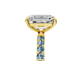 Yellow gold Emerald Cut Diamond Solitaire Ring with Round with Aquamarine side stone Pavé Band and Prong Setting_29