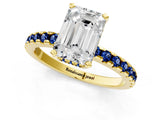 Yellow gold Emerald Cut Diamond Solitaire Ring with Round with Blue Sapphire side stone Pavé Band and Four-Prong Setting_37