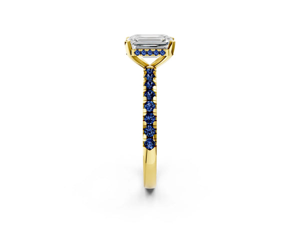 Yellow Gold Emerald Cut Hidden Halo Engagement Ring Setting with Lab-Grown Blue Sapphire Side Stones