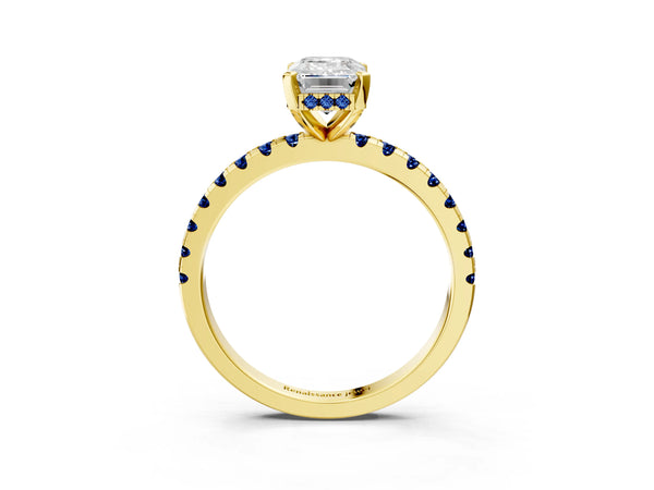 Yellow Gold Emerald Cut Hidden Halo Engagement Ring Setting with Lab-Grown Blue Sapphire Side Stones