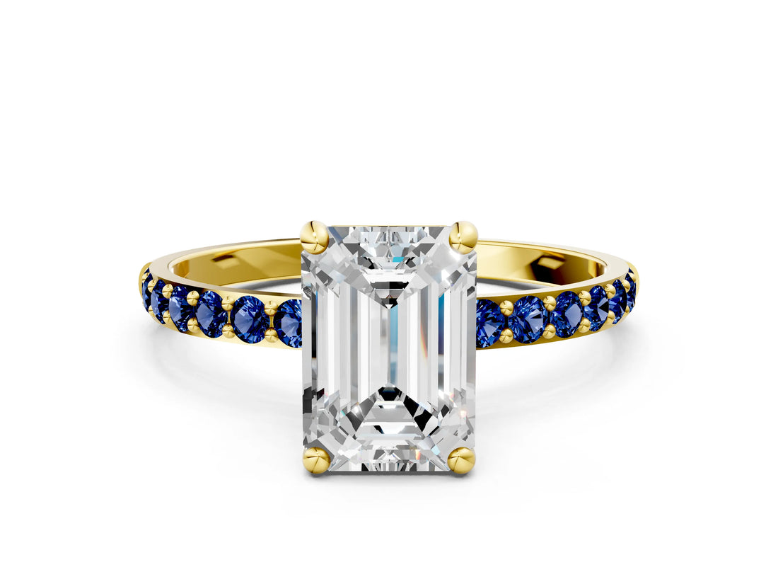 Yellow gold Emerald Cut Diamond Solitaire Ring with Round with Blue Sapphire side stone Pavé Band and Prong Setting_12