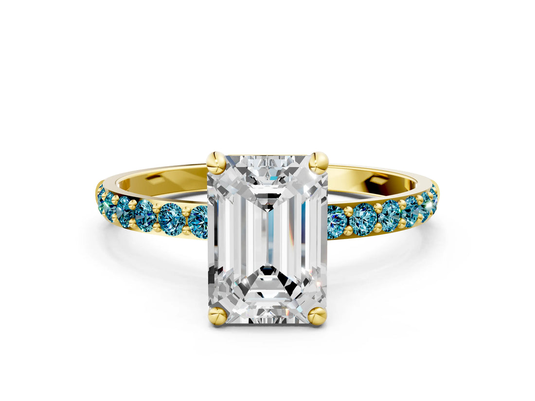 Yellow gold Emerald Cut Diamond Solitaire Ring with Round with Blue Topaz side stone Pavé Band and Prong Setting_12