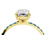 Yellow gold Emerald Cut Diamond Solitaire Ring with Round with Blue Topaz side stone Pavé Band and Prong Setting_16