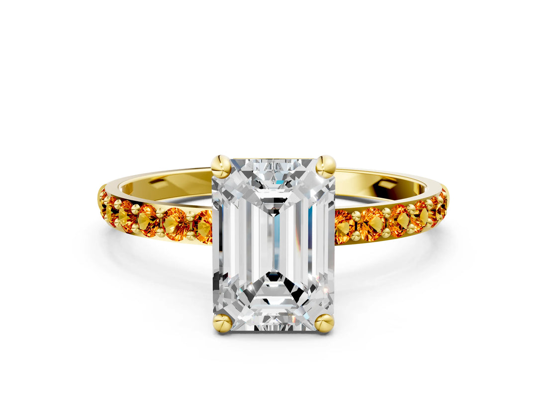 Yellow gold Emerald Cut Diamond Solitaire Ring with Round with Citrine side stone Pavé Band and Prong Setting_12