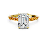 Yellow gold Emerald Cut Diamond Solitaire Ring with Round with Citrine side stone Pavé Band and Prong Setting_12
