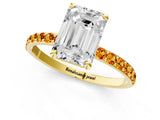 Yellow gold Emerald Cut Diamond Solitaire Ring with Round with Citrine side stone Pavé Band and Prong Setting_13