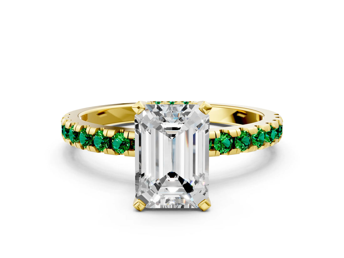 Yellow gold Emerald Cut Diamond Solitaire Ring with Round with Emerald side stone Pavé Band and Four-Prong Setting_36