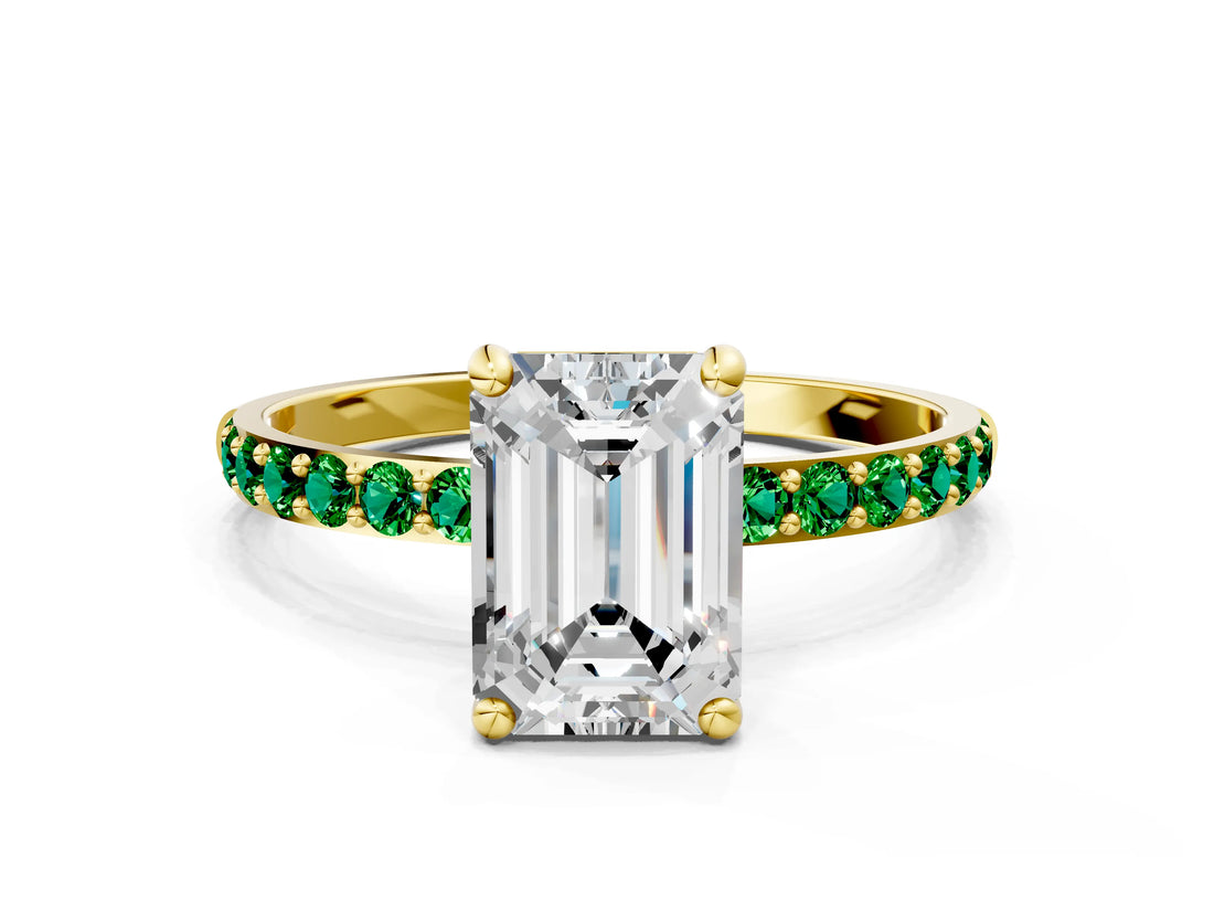 Yellow gold Emerald Cut Diamond Solitaire Ring with Round with Emerald side stone Pavé Band and Prong Setting_24