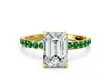 Yellow gold Emerald Cut Diamond Solitaire Ring with Round with Emerald side stone Pavé Band and Prong Setting_24