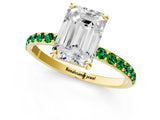 Yellow gold Emerald Cut Diamond Solitaire Ring with Round with Emerald side stone Pavé Band and Prong Setting_25