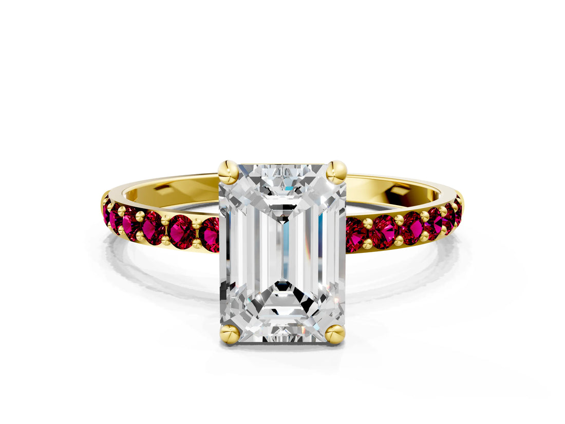 Yellow gold Emerald Cut Diamond Solitaire Ring with Round with Garnet side stone Pavé Band and Prong Setting_24
