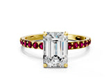 Yellow gold Emerald Cut Diamond Solitaire Ring with Round with Garnet side stone Pavé Band and Prong Setting_24