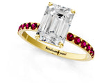 Yellow gold Emerald Cut Diamond Solitaire Ring with Round with Garnet side stone Pavé Band and Prong Setting_25