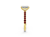 Yellow gold Emerald Cut Diamond Solitaire Ring with Round with Garnet side stone Pavé Band and Prong Setting_26