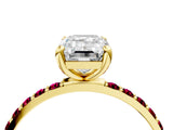 Yellow gold Emerald Cut Diamond Solitaire Ring with Round with Garnet side stone Pavé Band and Prong Setting_28