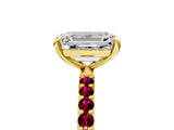 Yellow gold Emerald Cut Diamond Solitaire Ring with Round with Garnet side stone Pavé Band and Prong Setting_29