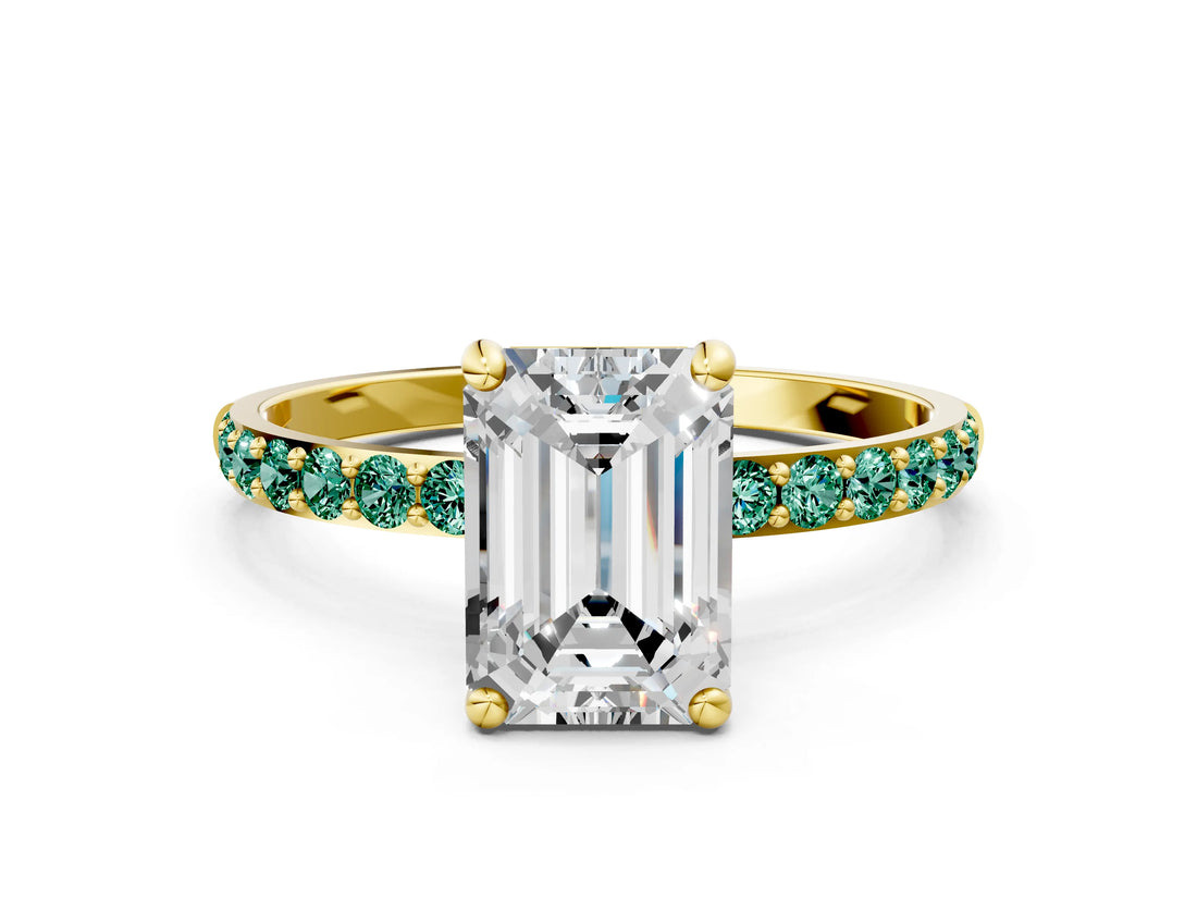 Yellow gold Emerald Cut Diamond Solitaire Ring with Round with Green Sapphire side stone Pavé Band and Prong Setting