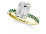 Yellow gold Emerald Cut Diamond Solitaire Ring with Round with Green Sapphire side stone Pavé Band and Prong Setting_1