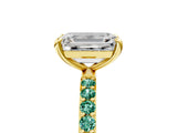Yellow gold Emerald Cut Diamond Solitaire Ring with Round with Green Sapphire side stone Pavé Band and Prong Setting_5