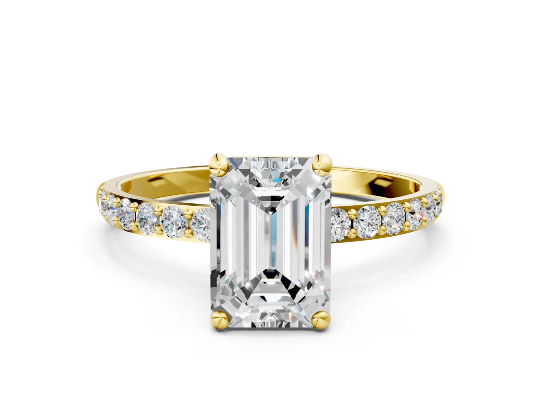 Yellow gold Emerald Cut Diamond Solitaire Ring with Round with Moissanite side stone Pavé Band and Prong Setting_12
