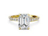 Yellow gold Emerald Cut Diamond Solitaire Ring with Round with Moissanite side stone Pavé Band and Prong Setting_12