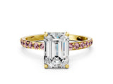 Yellow gold Emerald Cut Diamond Solitaire Ring with Round with Morganite side stone Pavé Band and Prong Setting_12