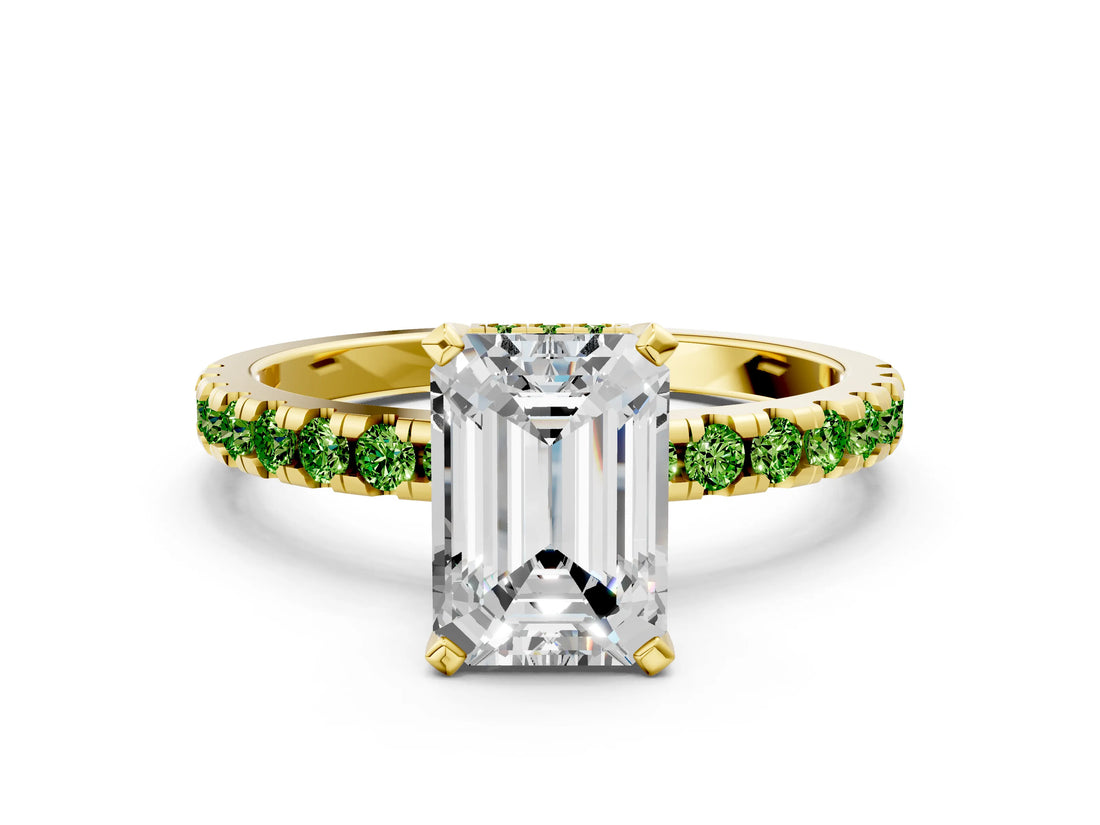 Yellow gold Emerald Cut Diamond Solitaire Ring with Round with Peridot side stone Pavé Band and Four-Prong Setting_36