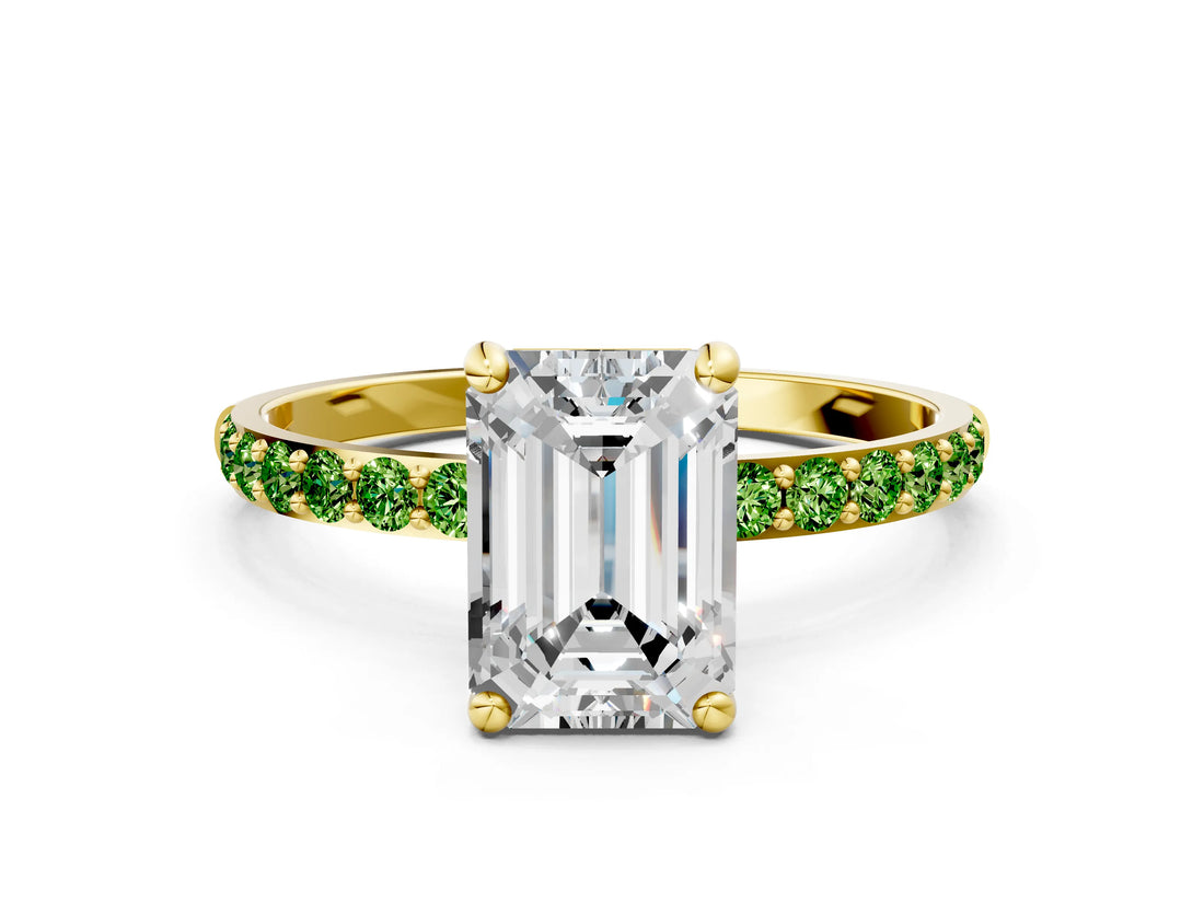 Yellow gold Emerald Cut Diamond Solitaire Ring with Round with Peridot side stone Pavé Band and Prong Setting