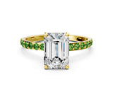 Yellow gold Emerald Cut Diamond Solitaire Ring with Round with Peridot side stone Pavé Band and Prong Setting