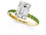 Yellow gold Emerald Cut Diamond Solitaire Ring with Round with Peridot side stone Pavé Band and Prong Setting_1