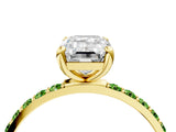 Yellow gold Emerald Cut Diamond Solitaire Ring with Round with Peridot side stone Pavé Band and Prong Setting_4