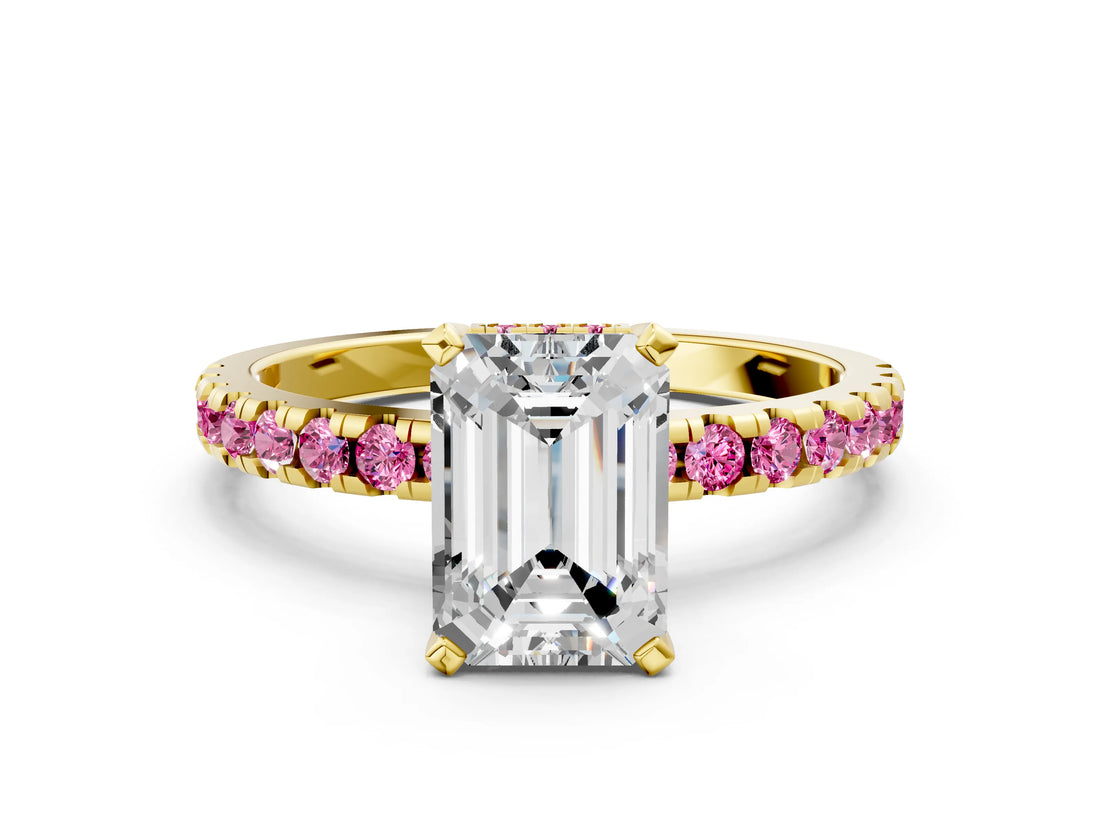 Yellow gold Emerald Cut Diamond Solitaire Ring with Round with Pink Sapphire side stone Pavé Band and Four-Prong Setting_36