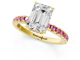 Yellow gold Emerald Cut Diamond Solitaire Ring with Round with Pink Sapphire side stone Pavé Band and Four-Prong Setting_37