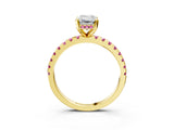 Yellow gold Emerald Cut Diamond Solitaire Ring with Round with Pink Sapphire side stone Pavé Band and Four-Prong Setting_39