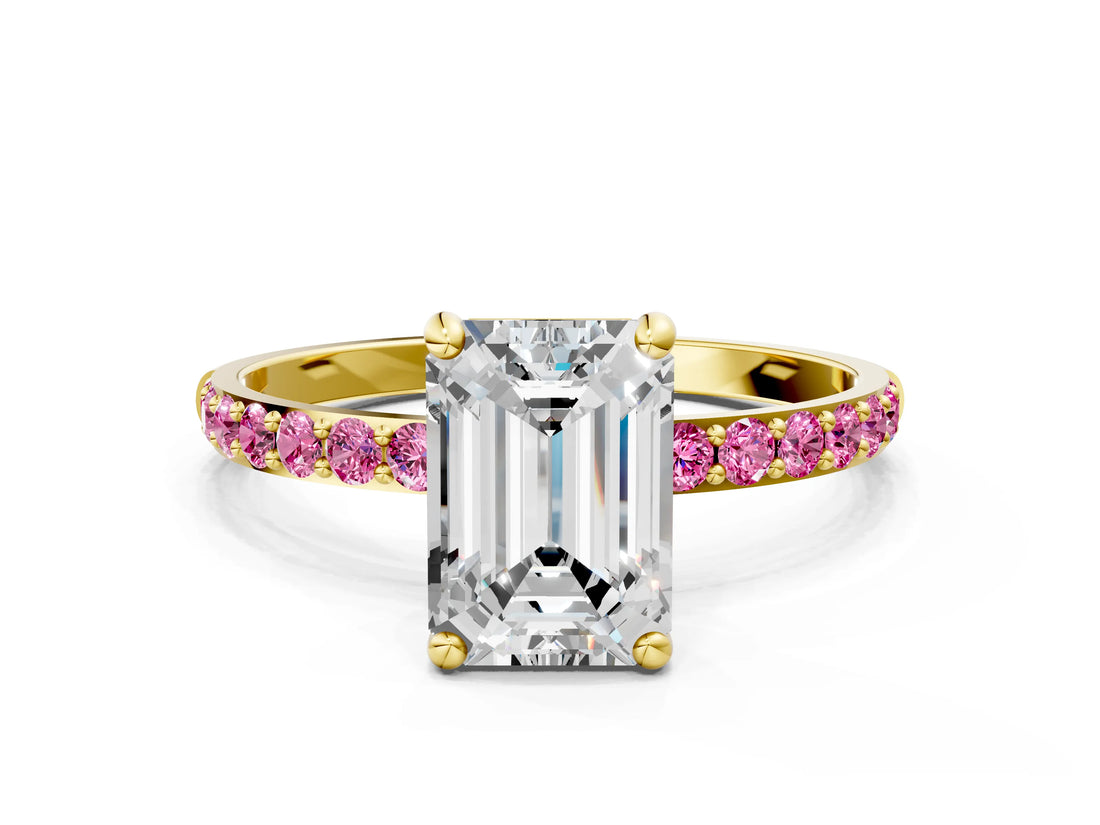 Yellow gold Emerald Cut Diamond Solitaire Ring with Round with Pink Sapphire side stone Pavé Band and Prong Setting_12