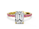 Yellow gold Emerald Cut Diamond Solitaire Ring with Round with Pink Sapphire side stone Pavé Band and Prong Setting_12