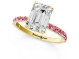 Yellow gold Emerald Cut Diamond Solitaire Ring with Round with Pink Sapphire side stone Pavé Band and Prong Setting_13