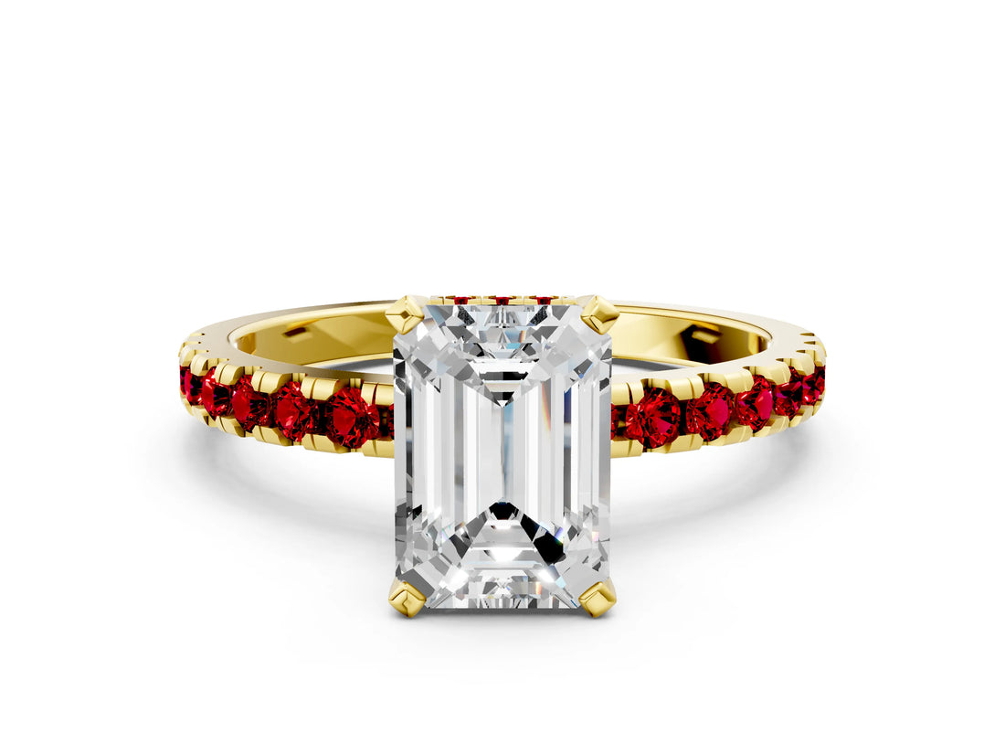 Yellow gold Emerald Cut Diamond Solitaire Ring with Round with Ruby side stone Pavé Band and Four-Prong Setting_36