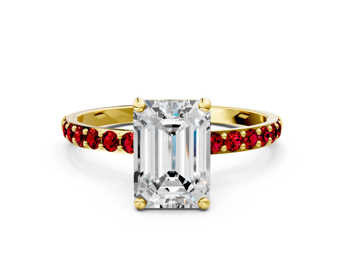 Yellow gold Emerald Cut Diamond Solitaire Ring with Round with Ruby side stone Pavé Band and Prong Setting_36