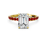 Yellow gold Emerald Cut Diamond Solitaire Ring with Round with Ruby side stone Pavé Band and Prong Setting_36