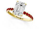 Yellow gold Emerald Cut Diamond Solitaire Ring with Round with Ruby side stone Pavé Band and Prong Setting_37