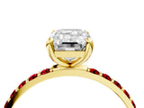 Yellow gold Emerald Cut Diamond Solitaire Ring with Round with Ruby side stone Pavé Band and Prong Setting_40