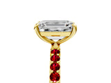 Yellow gold Emerald Cut Diamond Solitaire Ring with Round with Ruby side stone Pavé Band and Prong Setting_41