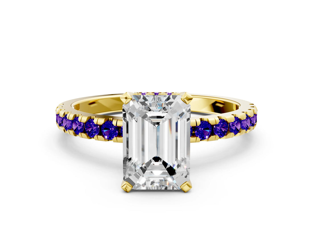 Yellow gold Emerald Cut Diamond Solitaire Ring with Round with Tanzanite side stone Pavé Band and Four-Prong Setting_36