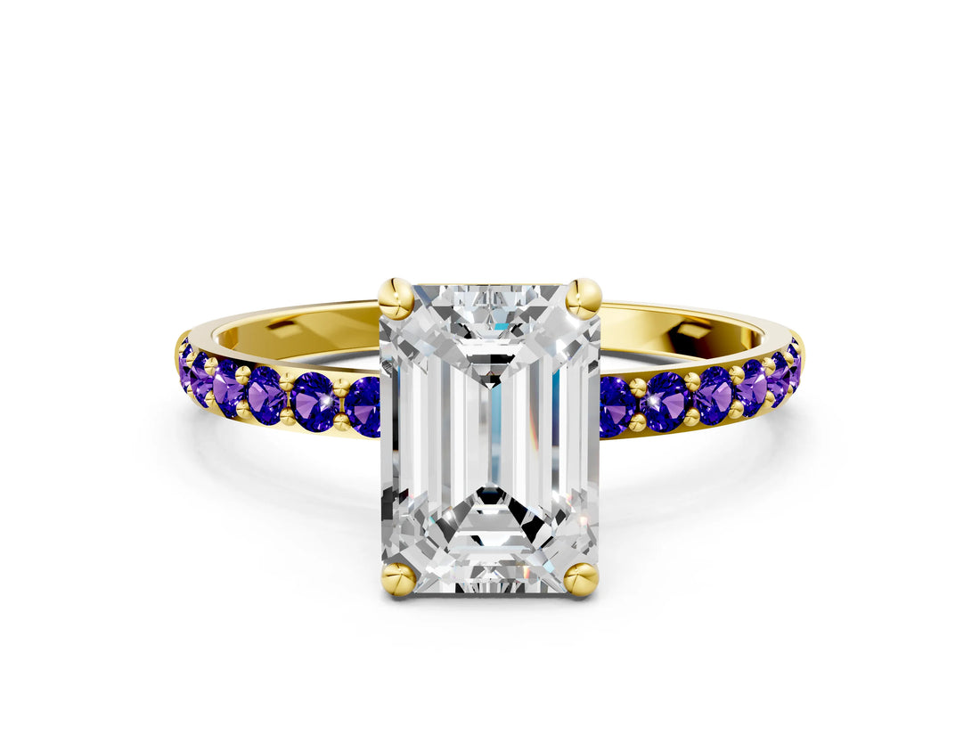 Yellow gold Emerald Cut Diamond Solitaire Ring with Round with Tanzanite side stone Pavé Band and Prong Setting_12