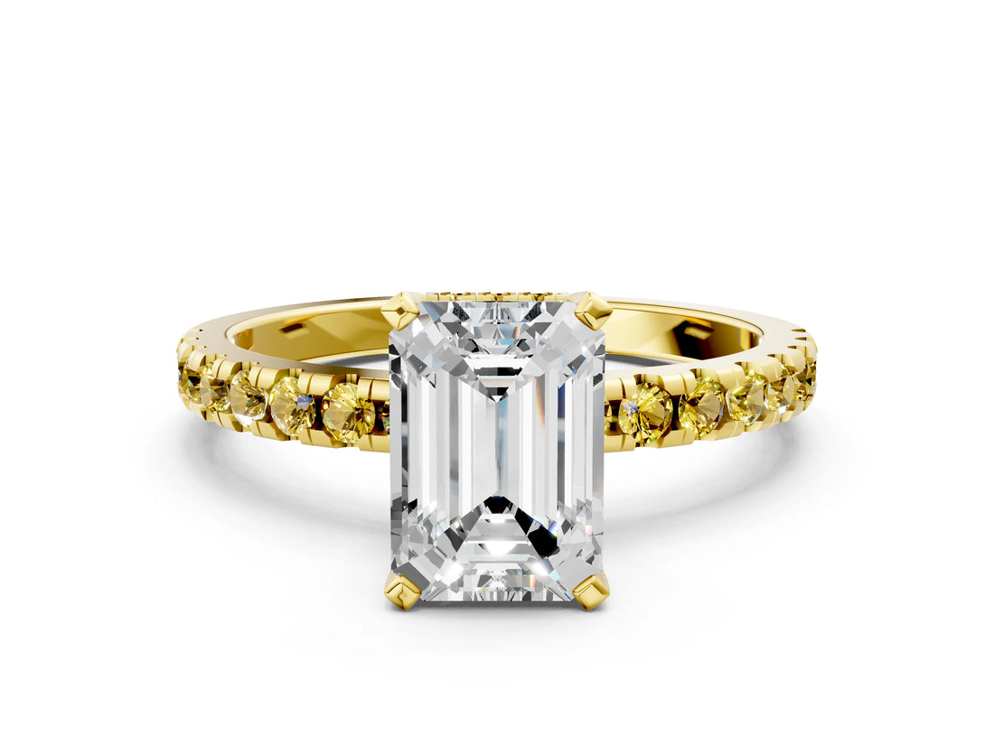 Yellow gold Emerald Cut Diamond Solitaire Ring with Round with Yellow Sapphire side stone Pavé Band and Four-Prong Setting_36