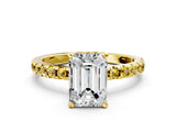Yellow gold Emerald Cut Diamond Solitaire Ring with Round with Yellow Sapphire side stone Pavé Band and Four-Prong Setting_36