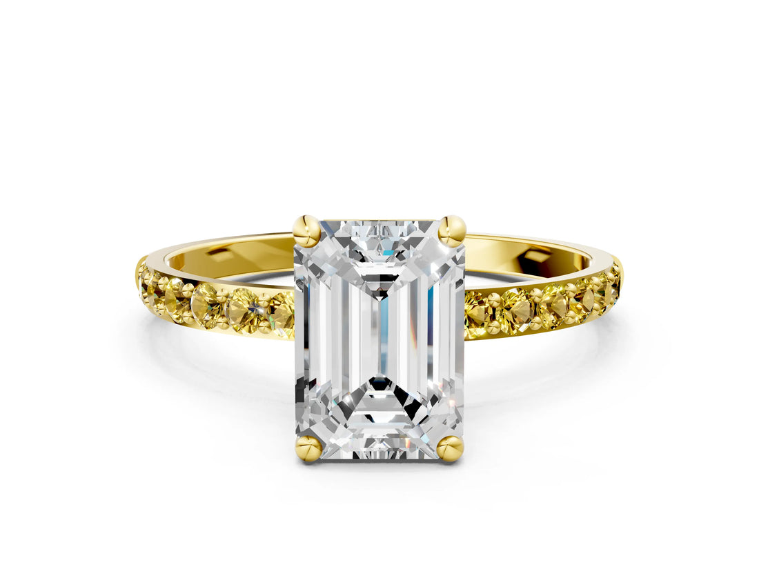 Yellow gold Emerald Cut Diamond Solitaire Ring with Round with Yellow Sapphire side stone Pavé Band and Prong Setting_24